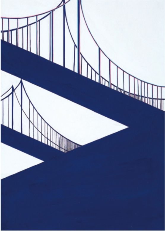 Intersecting suspension bridges viewed from below